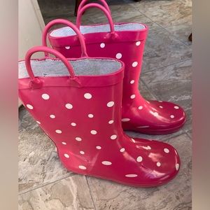 Rain boots for girls size 1.5-2Y, hot pink with white polka dots